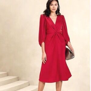Banana Republic Red Twist Front Puff Sleeve Midi Dress 4 Silky NWT $120